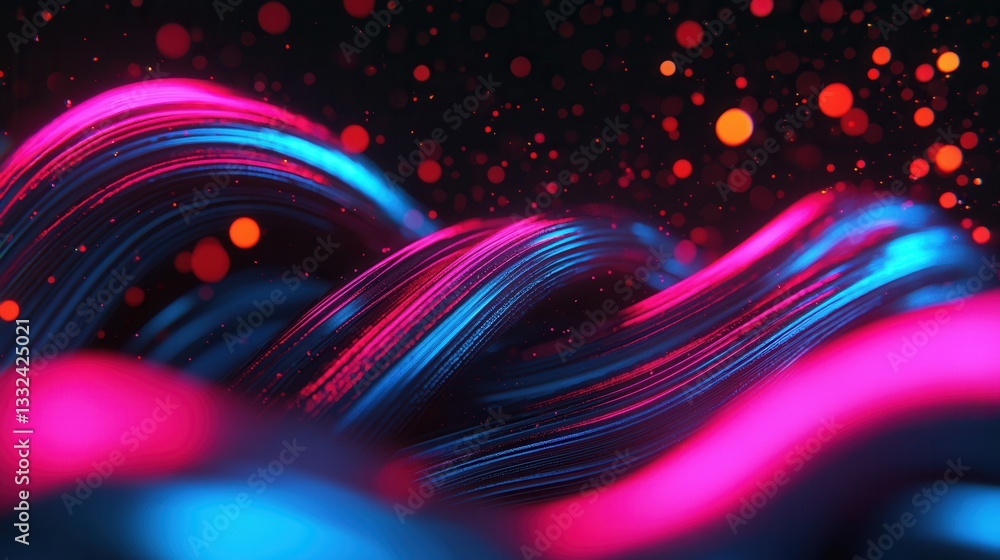 Poster an abstract futuristic background with dynamic swirling waves of vibrant neon pink and blue illumina