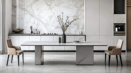 Modern dining room, marble wall, table setting, minimalist kitchen background, home decor