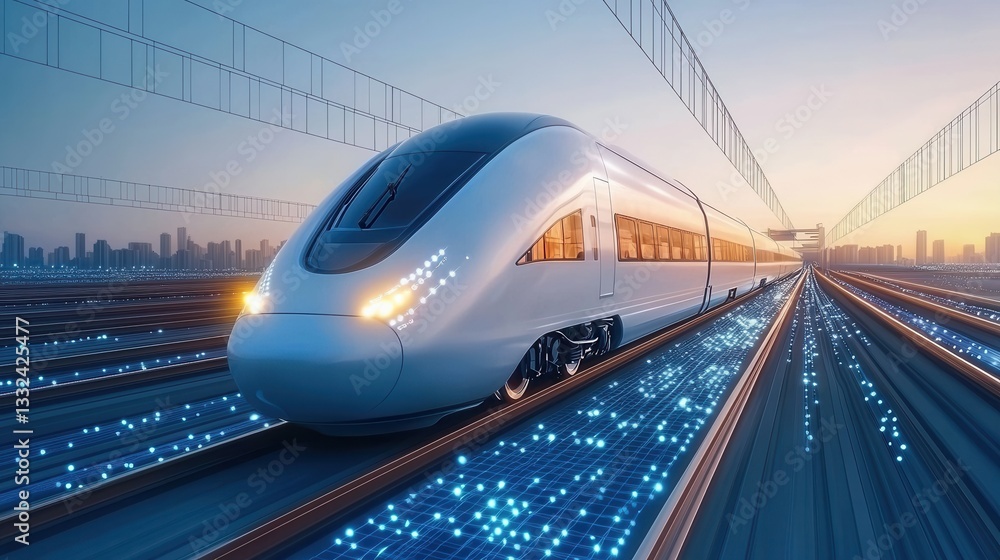Poster a sleek blue high speed train swiftly traversing a modern rail network cutting through a luminous ci