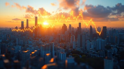Obraz premium Dramatic sunset cityscape with superimposed stock market graph showing upward and downward trends.