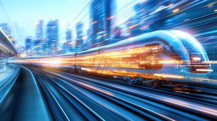 Fototapeta premium A high speed train streaking through a dynamic neon lit urban landscape showcasing the power and velocity of modern transportation technology