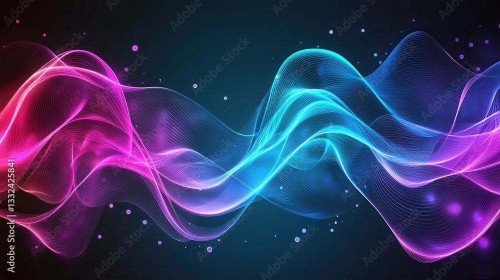 Poster vibrant and dynamic digital wave pattern with shimmering neon blue and pink hues creating a mesmeriz