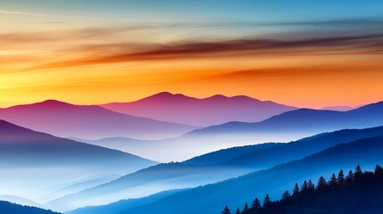 Vibrant Sunset Over Misty Mountain Range