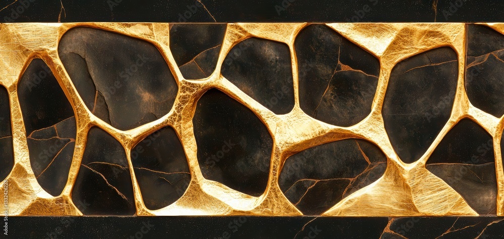 Poster a striking pattern of gold and black, featuring irregular shapes resembling natural stones or minera