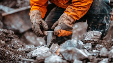 Fototapeta premium Working hands breaking coal rocks with pickaxe in the mine close-up