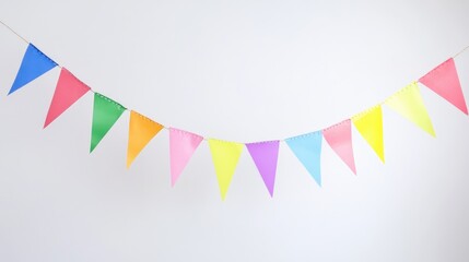 Fototapeta premium Vibrant pennant banner on white backdrop. Celebration garland with flags. Festive scene.