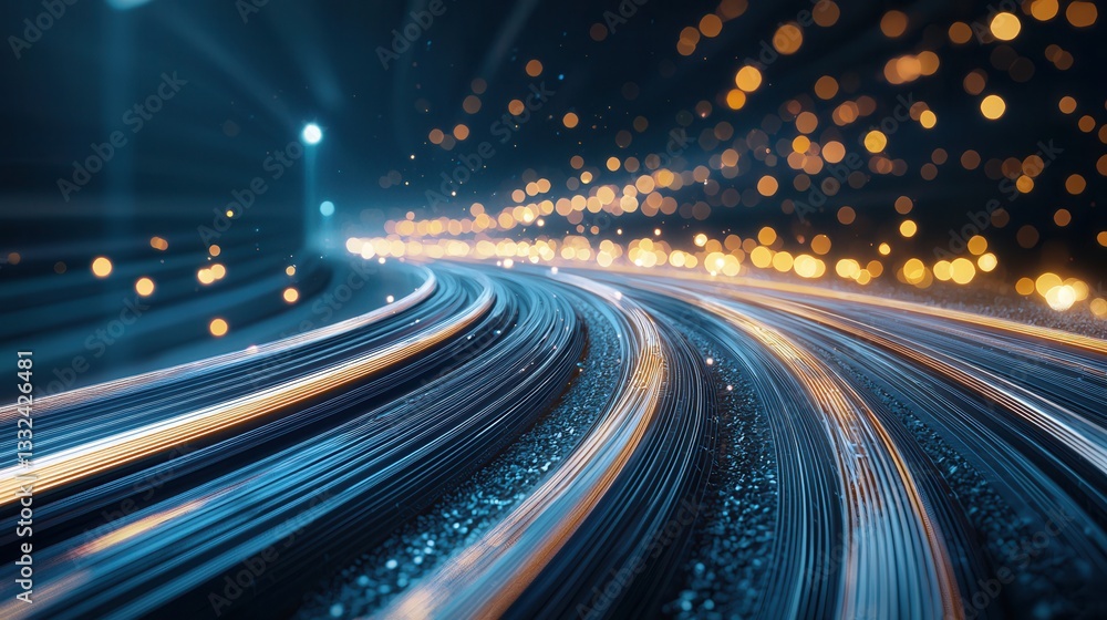 Poster digital wireframe of a high speed transportation network moving swiftly through a vibrant luminous c
