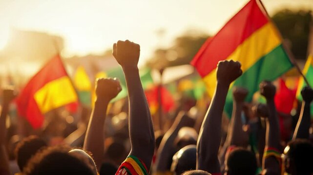 Protest scene with a crowd waving colorful flags and raised fists in unity, lit by evening light.