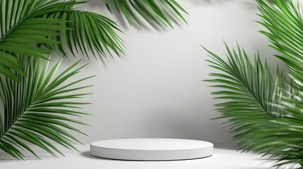 White round podium on palm leaves background for product presentation.