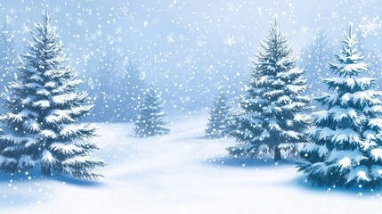 Obraz premium Winter scene with snowy landscape and Christmas trees. Festive holiday background.