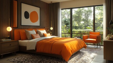 Fototapeta premium Modern Bedroom with Orange Accents and Lush Greenery Views