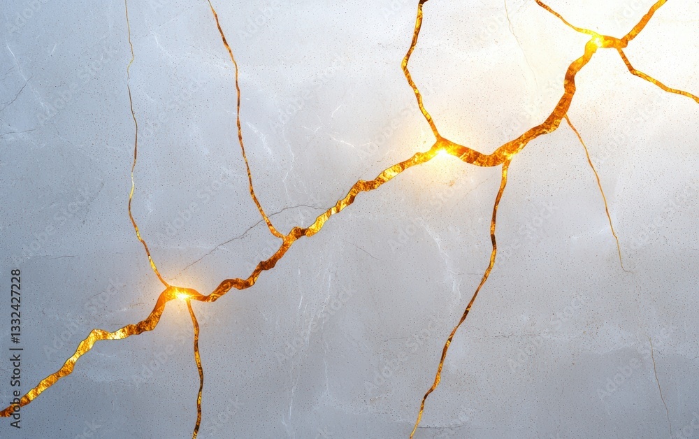 Poster a close-up image of a cracked surface illuminated by a warm glow, showcasing intricate patterns in t