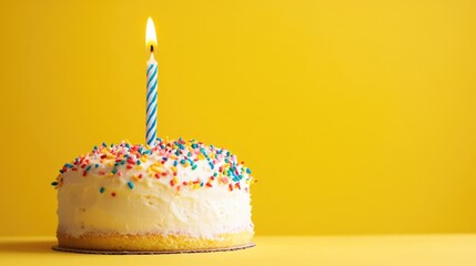 110th Birthday Cake With Candle on Yellow Background