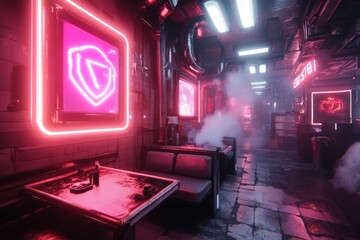 A cyberpunk-inspired house with neon-lit walls, holographic windows, and pipes emitting soft steam, set amidst a gritty futuristic cityscape