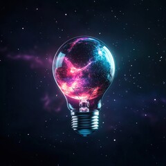 A lightbulb floating in space, glowing with the colors of Earth