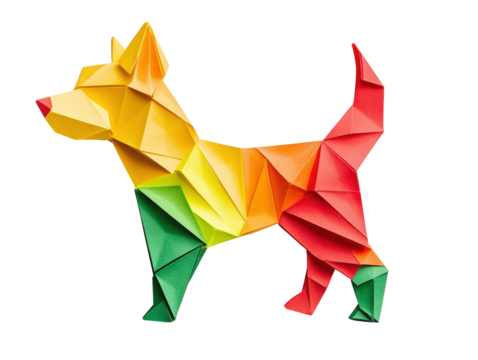 Isolated Origami Dog Figurine with Geometric Color Blocks