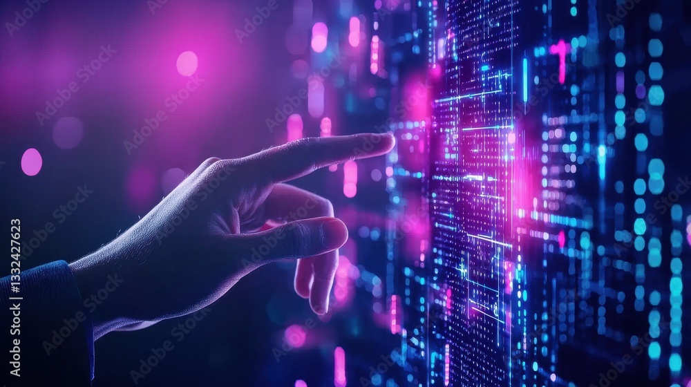 Aufkleber futuristic hand interaction with digital data matrix in neon colors