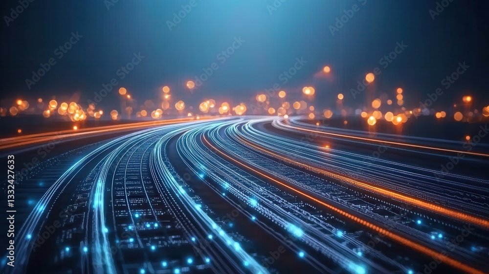 Aufkleber a dynamic high speed highway at night with digital wireframe effects luminous trails and vibrant neo