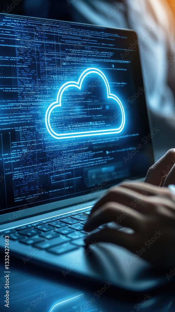 Poster digital cloud computing concept with laptop and hand on keyboard