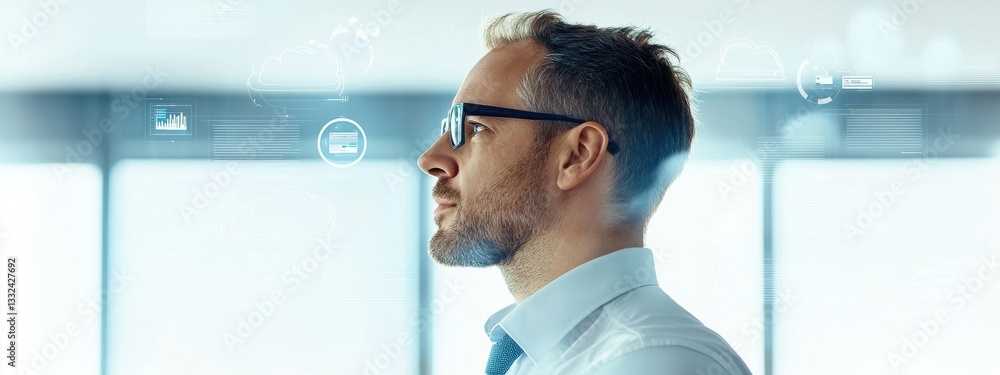 Poster professional man in profile with digital elements and data graphics