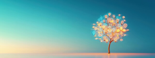 A lightbulb tree where each bulb is filled with knowledge symbols.