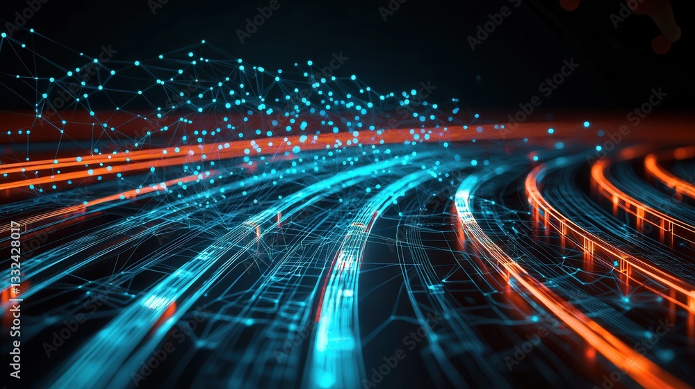 Poster a digital wireframe representation of a high speed train hurtling through a vibrant futuristic citys