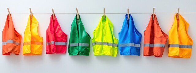 A line of safety vests hung in a rainbow gradient