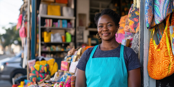 Portrait of a Shop Owner with Colorful Handbags