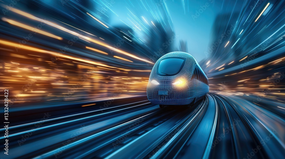 Poster blurred image of a streamlined high speed train hurtling through a futuristic illuminated railway sy