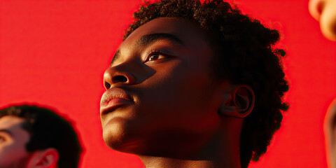 Fototapeta premium Close-up Portrait of a Young Person Against Red Background