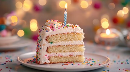 Celebratory slice of birthday cake with cream, sprinkles, and candle on festive table