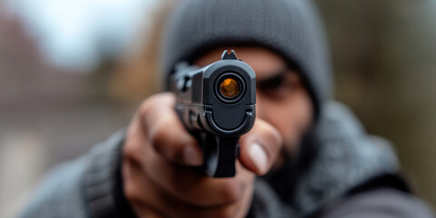 Close-up of Handgun Aimed at Camera