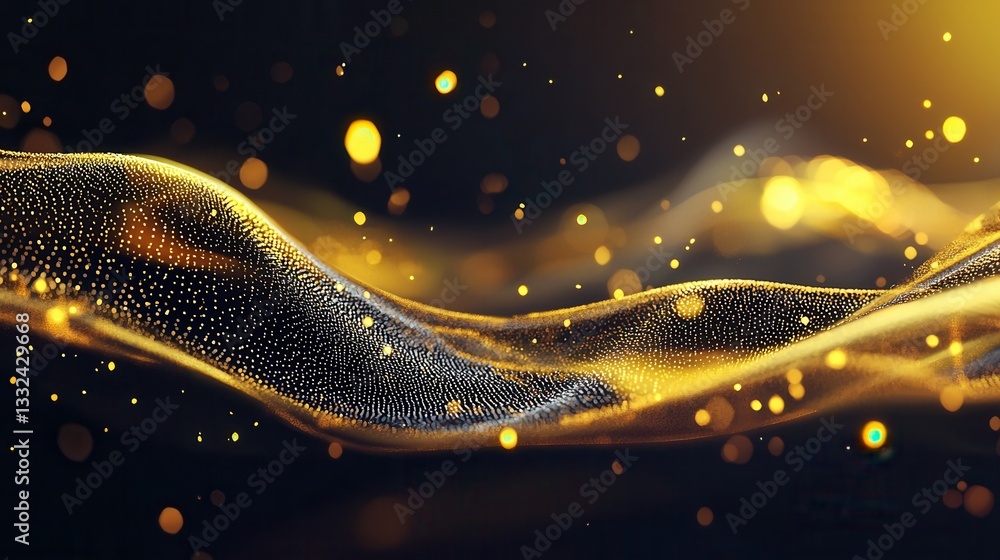 Poster captivating abstract image featuring dynamic glowing gold waves with shimmering bokeh lights creatin