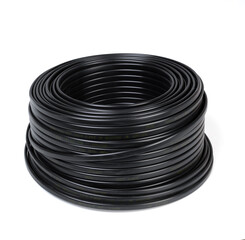 Black plastic cable coil, ideal for electrical or industrial use, isolated on a white background.