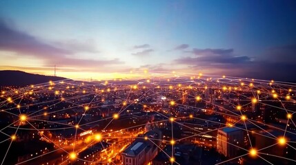 Urban Sunset with Connected Network and Bright Lights at Dusk