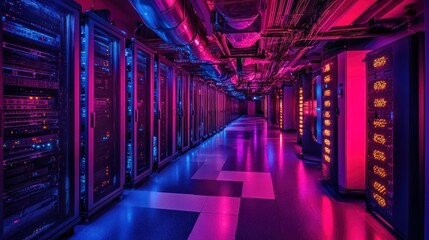 Fototapeta premium Neon-lit Server Room: A Glimpse into the Digital Core