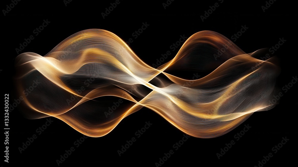 Poster mesmerizing abstract composition featuring dynamic undulating gold and neon wave lines with a soft b