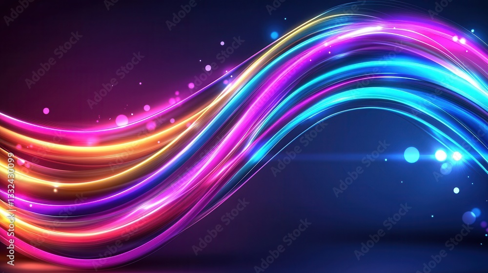 Poster vibrant and energetic digital featuring dynamic glowing neon wave lines in a spectrum of colors crea