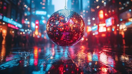 Dazzling Disco Ball Suspended Over Cheering Crowd in Vibrant Urban New Year s Eve