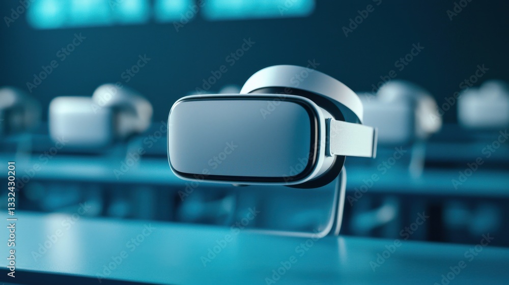 Poster virtual reality headset on a desk in a modern classroom setting