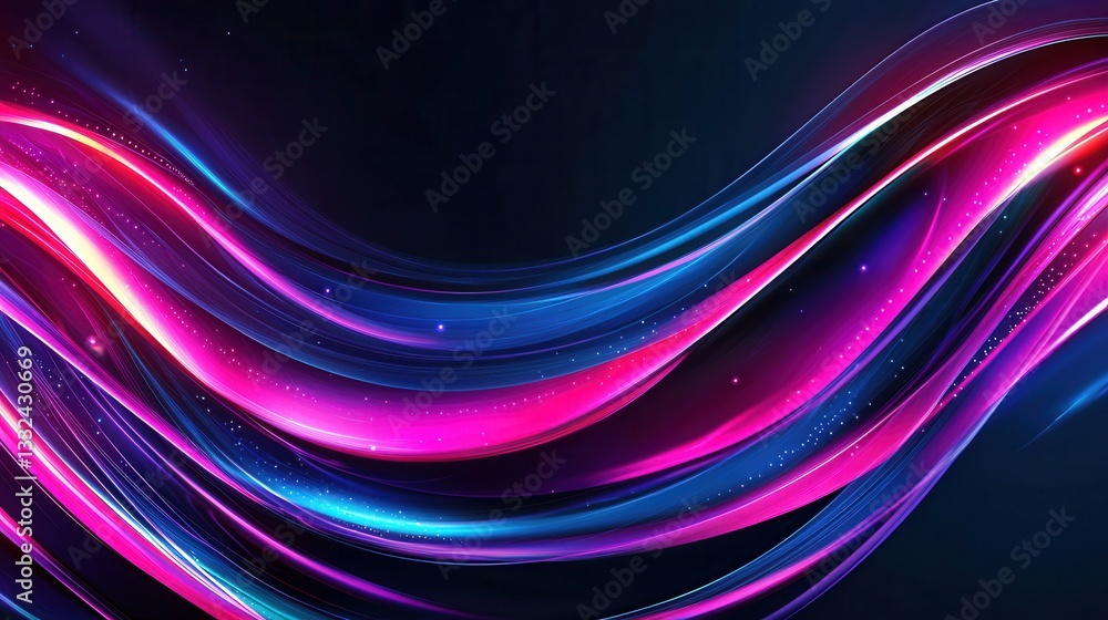 Poster glowing luminous neon wave lines in shades of pink and blue creating a dynamic and futuristic visual