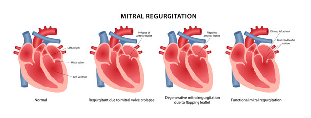 Mitral regurgitation, heart defect. Medical illustration of a healthy heart and pathological changes in the mitral valve. Vector illustration in a flat style