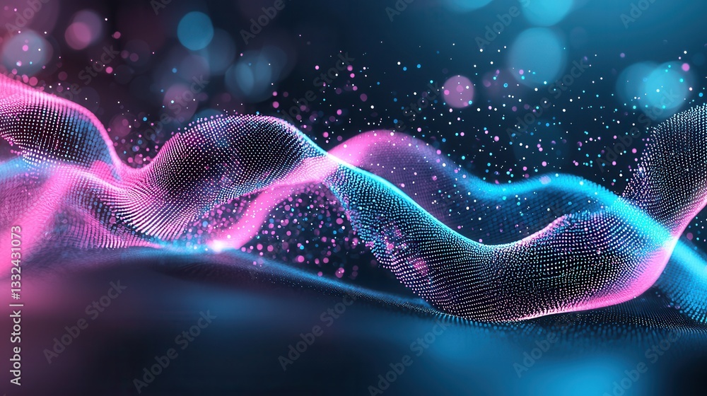 Poster mesmerizing display of pulsing luminous neon wave lines in a vibrant gradient of pink and blue hues 