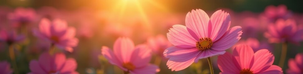 Fototapeta premium Close-up of pink flowers, sun's rays glowing behind , photography, image