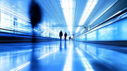 People walking in modern blue lit hallway with glossy floor