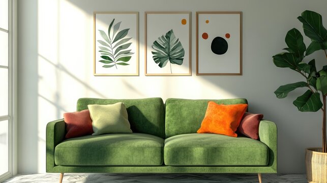Interior snippet featuring green couch and art cards