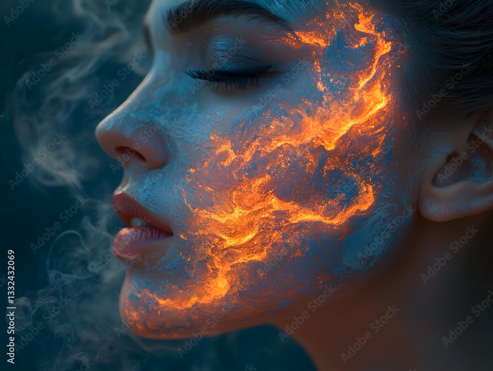 Poster fiery abstract portrait with flowing water patterns blending realism and abstraction