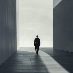 Fototapeta premium A lone figure walks through a minimalist architectural space.