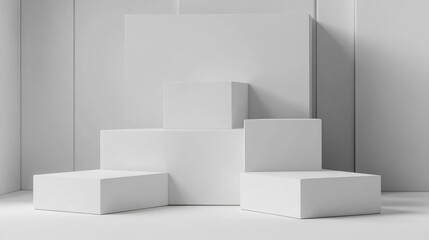 Mock podium stage with white cubes for product presentation.