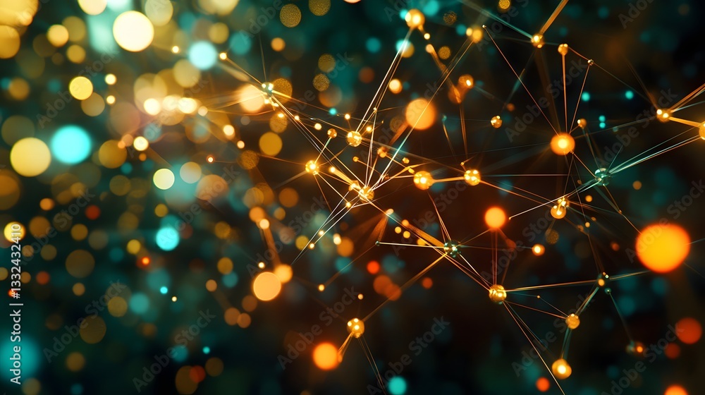 Poster a vibrant and colorful background featuring a network of connected nodes glowing with energy and lig